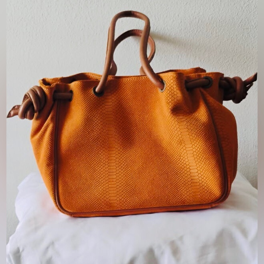 Sundance Suede/ Leather Snake Embossed Orange Textured Tote with Cognac Handles